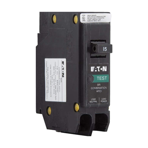 Eaton BRN115AF Br Combo AFCI front view demonstrates a compact 1-pole design for panel protection.