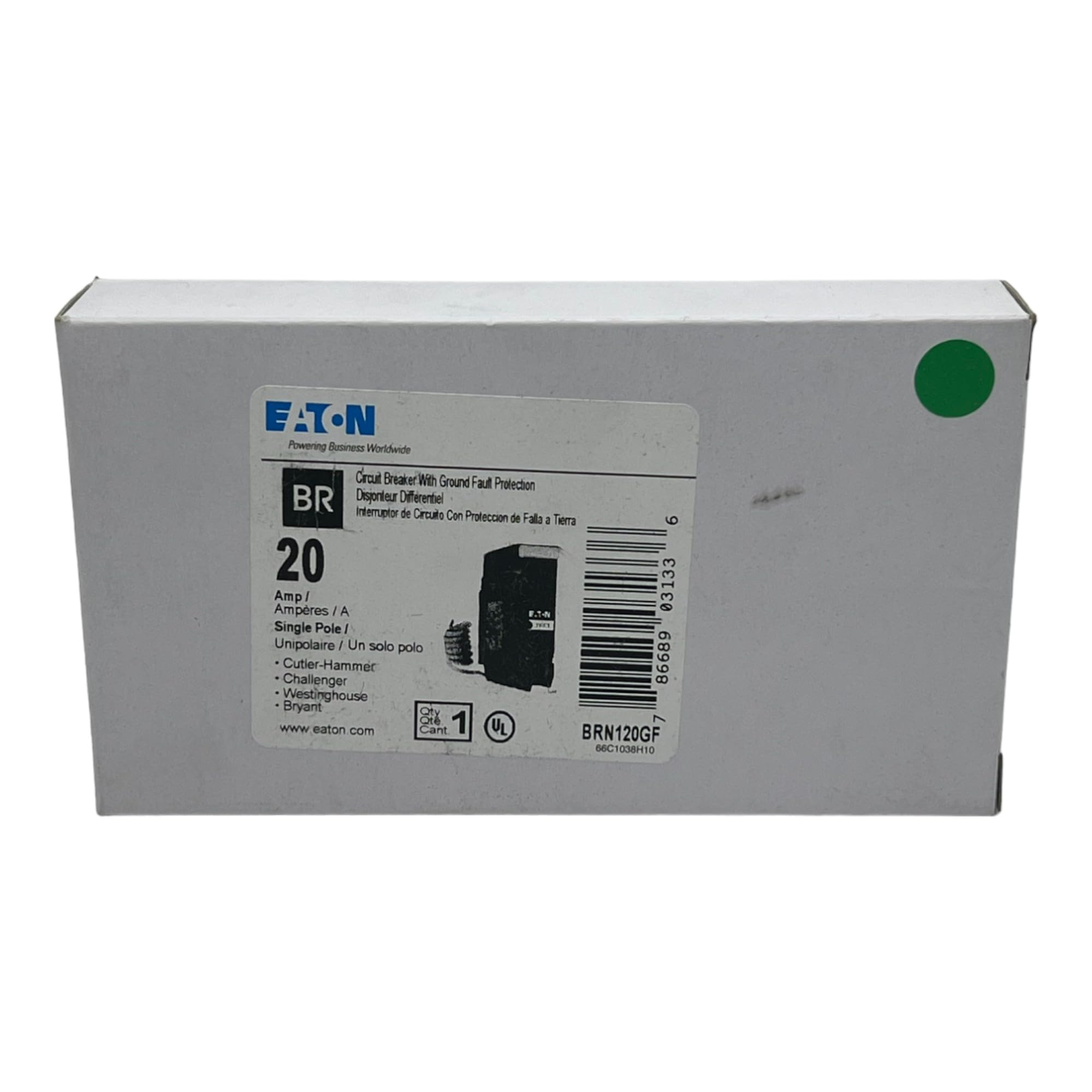 Eaton BRN120GF features label highlighting 5 mA sensitivity and 20 A