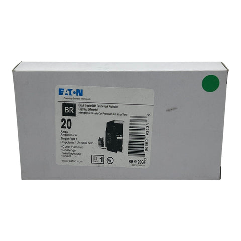 Eaton BRN120GF features label highlighting 5 mA sensitivity and 20 A