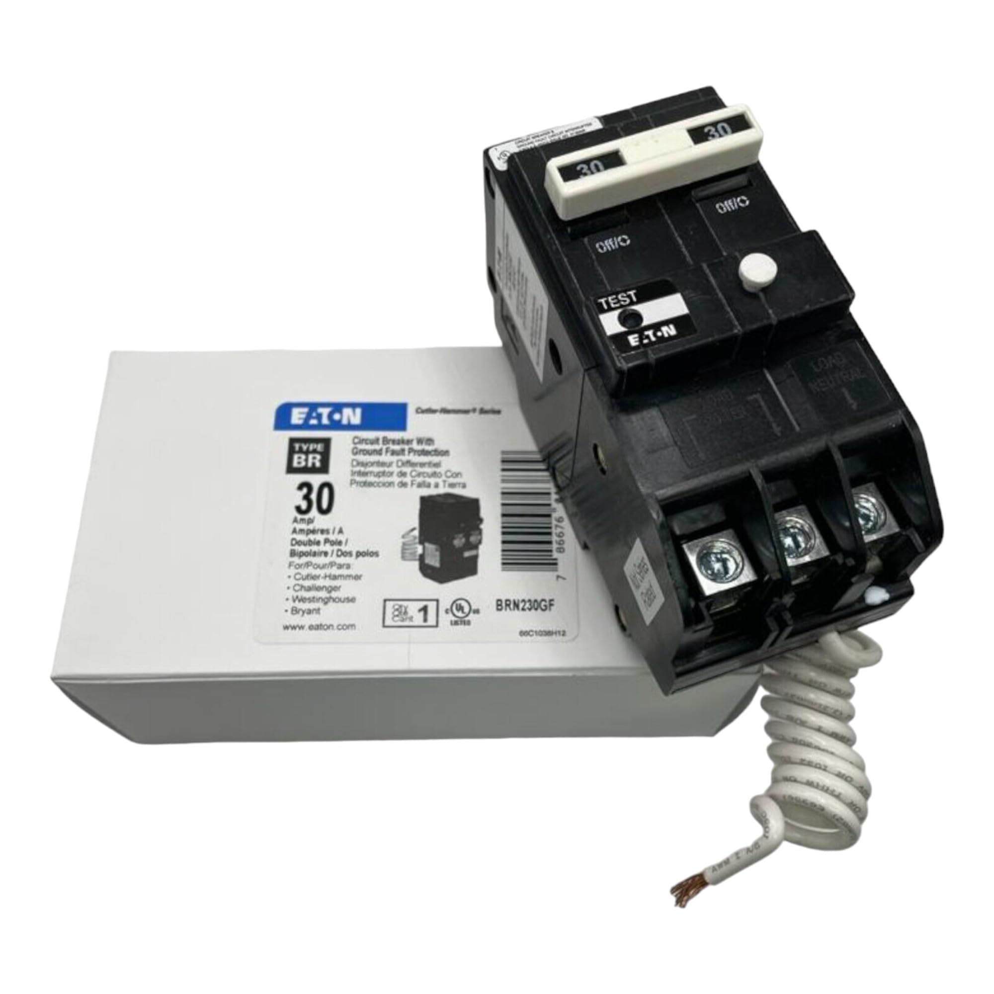 Eaton BRN230GF GFCI breaker front view with robust ground fault protection.