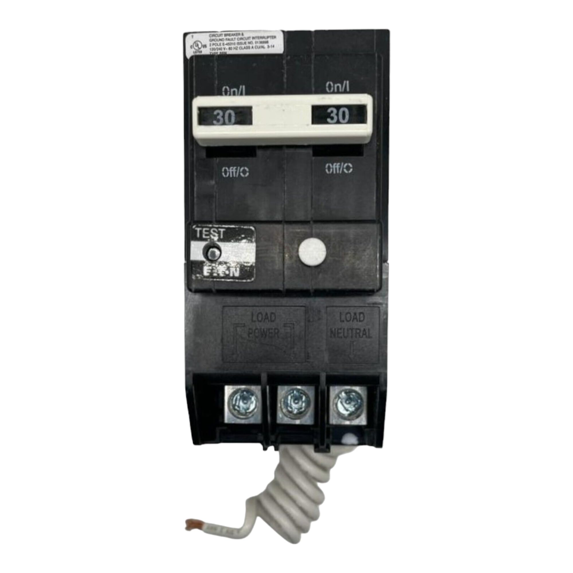 Eaton BRN230GF label closeup showing model details and safety ratings.
