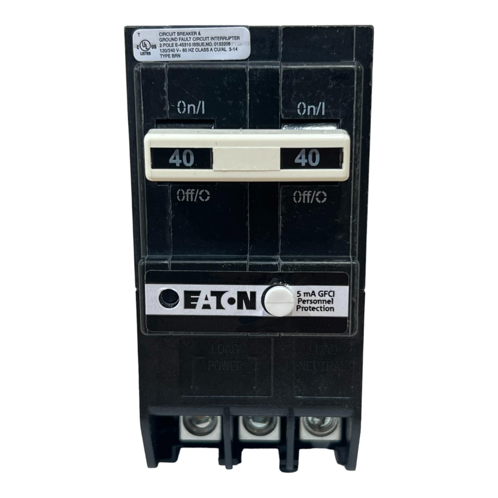 Eaton BRN240GF front view shows two-pole GFCI protection for 120/240V circuits.