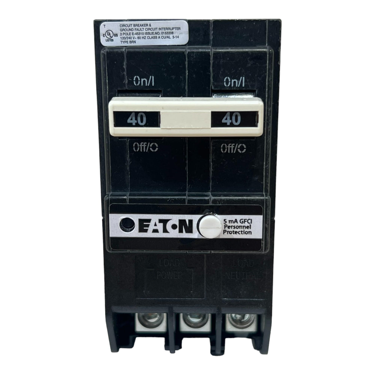Eaton BRN240GF front view shows two-pole GFCI protection for 120/240V circuits.