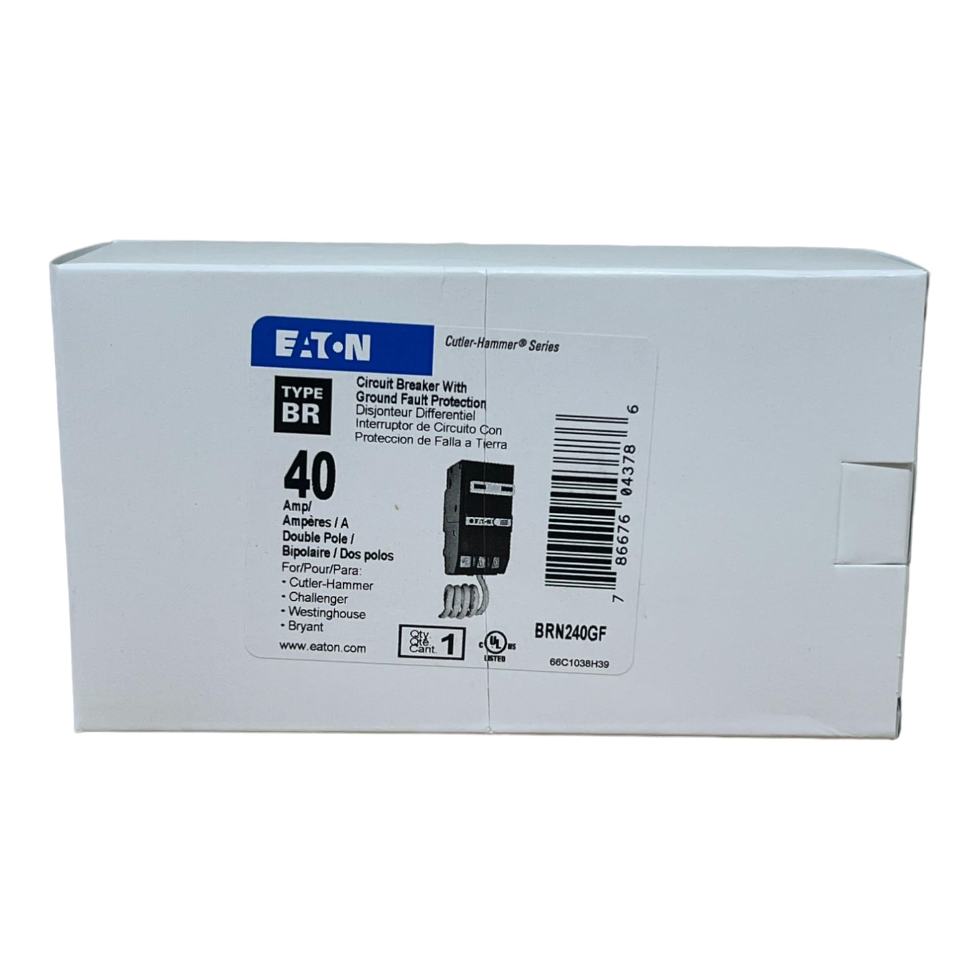 Eaton BRN240GF side view emphasizes sturdy mounting and compact BR design for reliable panel fit.