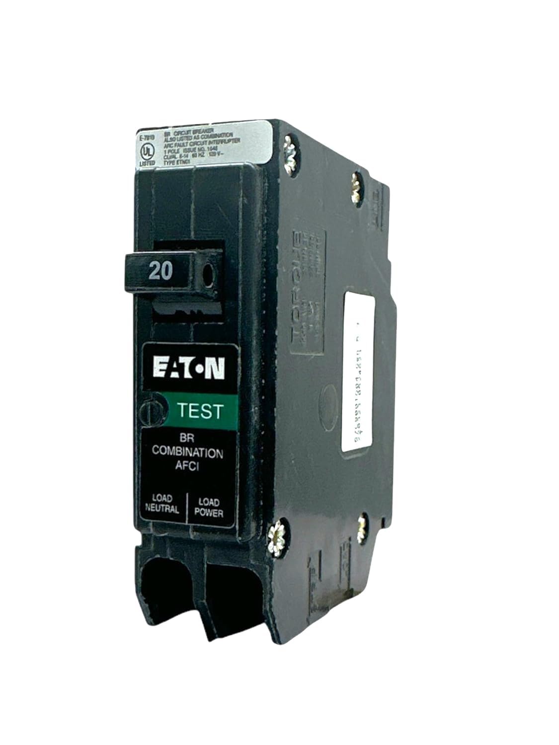 Eaton BRP120AF 20A breaker front view with AFCI protection for home circuits.