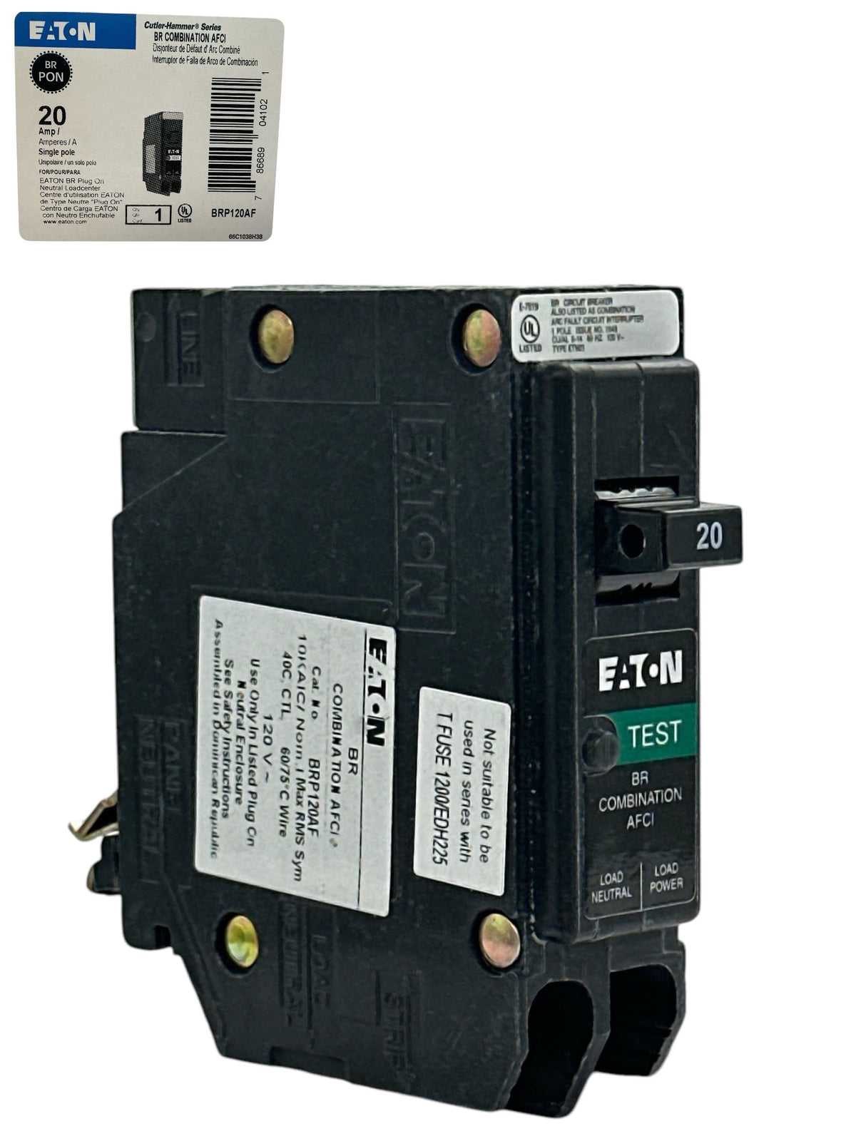 Eaton BRP120AF arc-fault breaker protects 120V circuits in a BR panel.