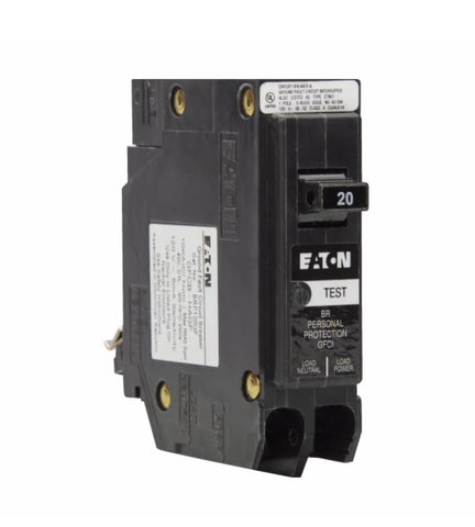 Eaton BRP120GF front view shows 20A single-pole GFCI protection for a circuit.