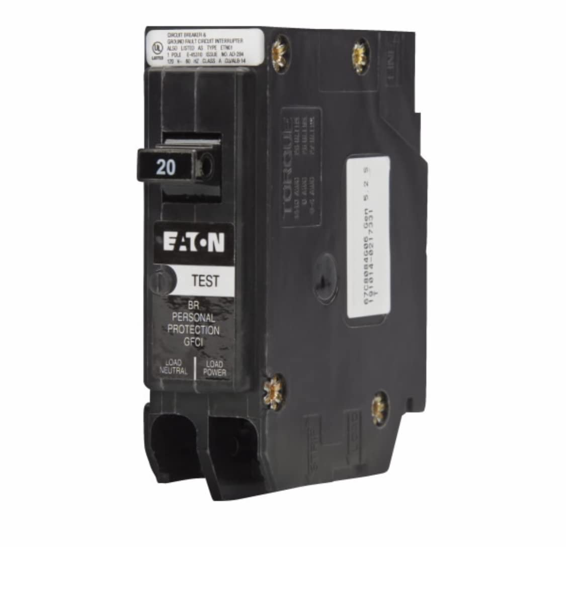 Eaton BRP120GF side view highlights Type BR compatibility and quick fault interruption.