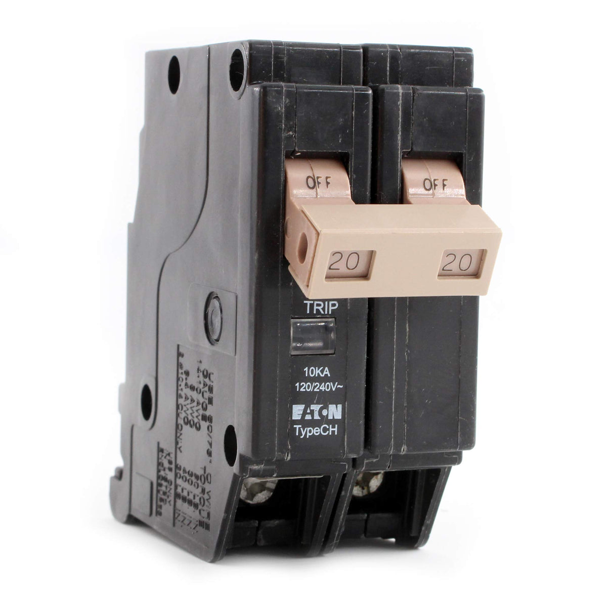 Eaton CHF220 20A DP circuit breaker, front view, provides reliable panel protection.