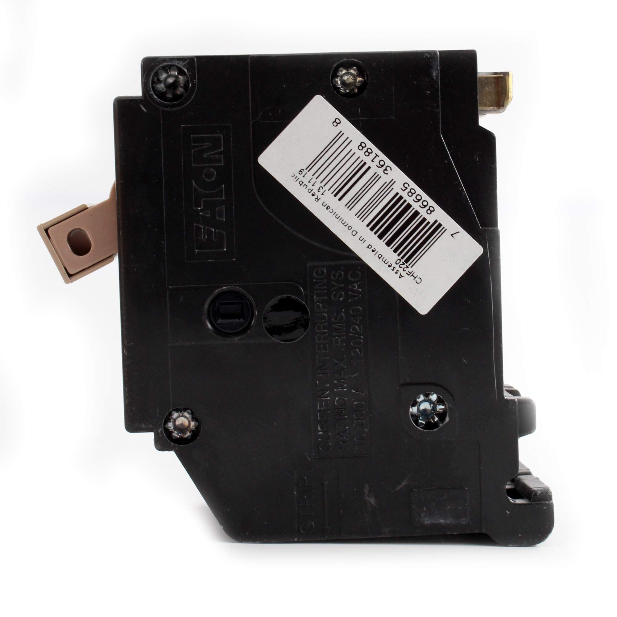 Eaton CHF220 20A DP circuit breaker, label detail for quick identification and safety.