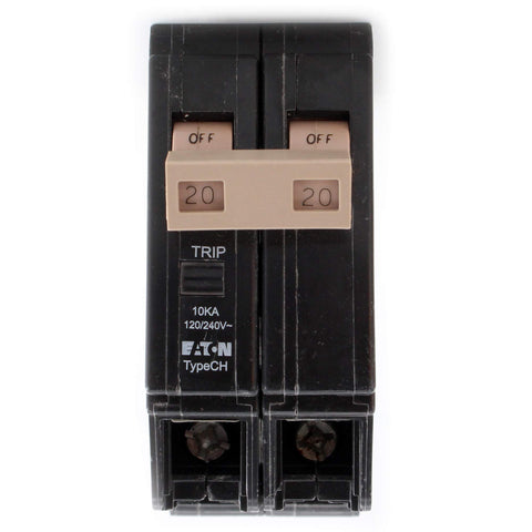 Eaton CHF220 20A DP circuit breaker, side profile, compact design for easy panel fit.