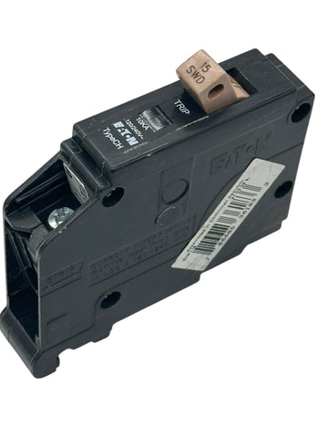 Eaton Cutler-Hammer 15A single-pole breaker front view for reliable circuit protection.