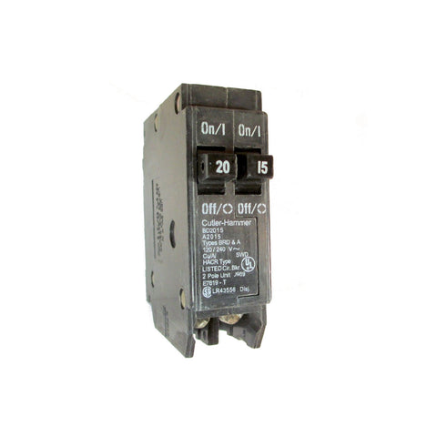 Eaton Cutler-Hammer BD2015 duplex breaker closeup for 15A and 20A circuits.