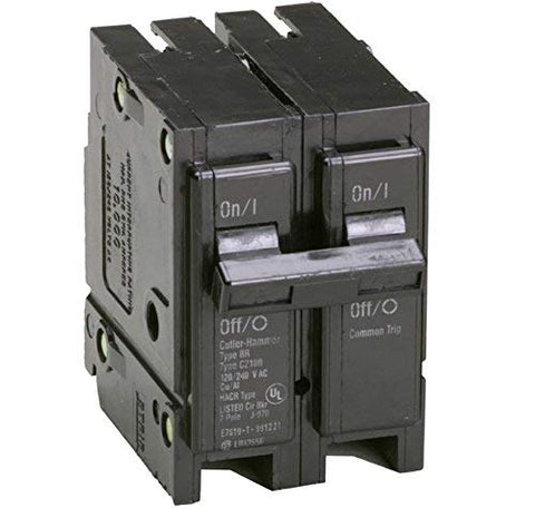 Eaton BR2125 circuit breaker angled view for reliable overload protection in 120/240V panels.