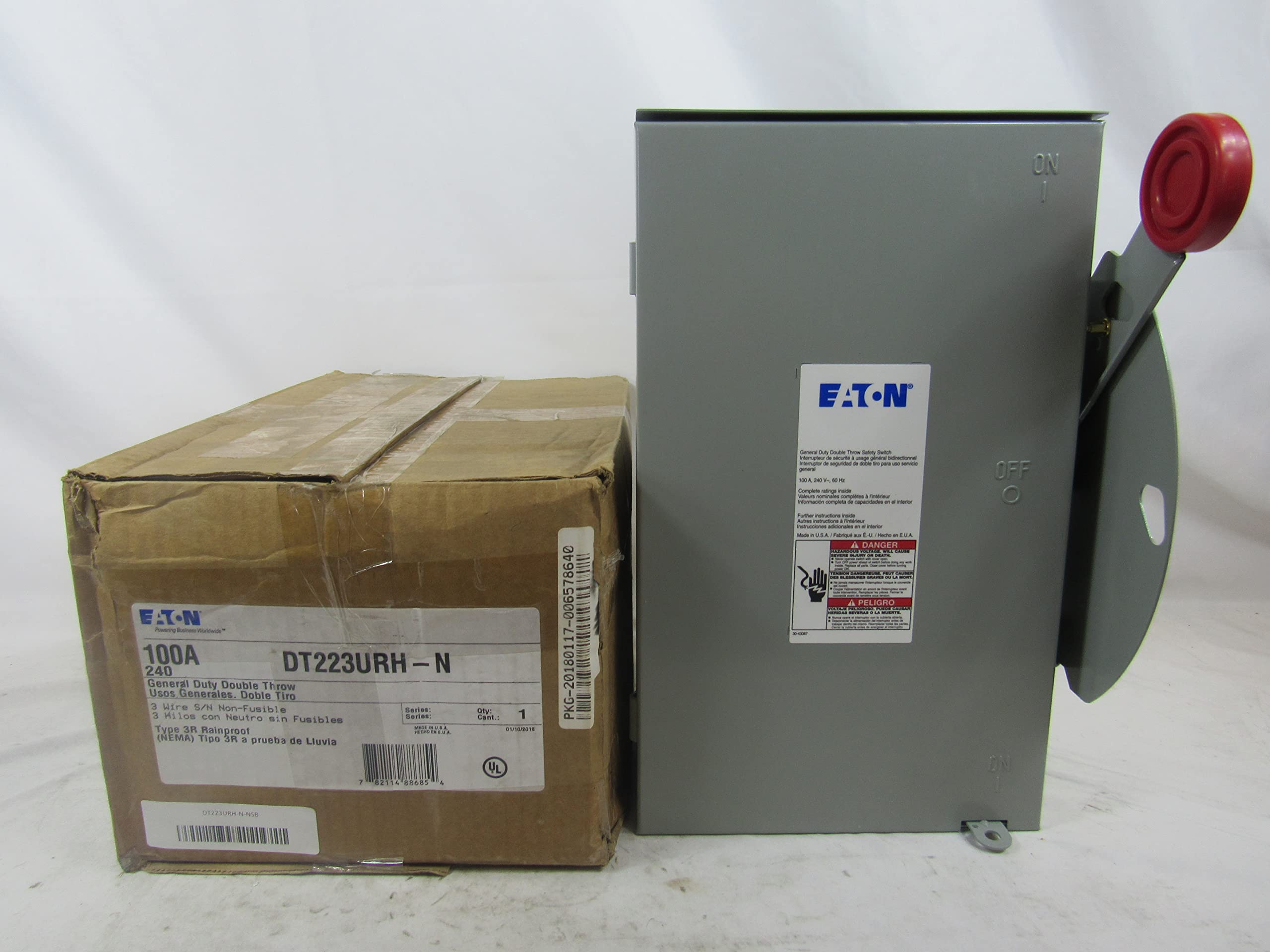 Eaton safety switch demonstrates padlock capability for secure access control.