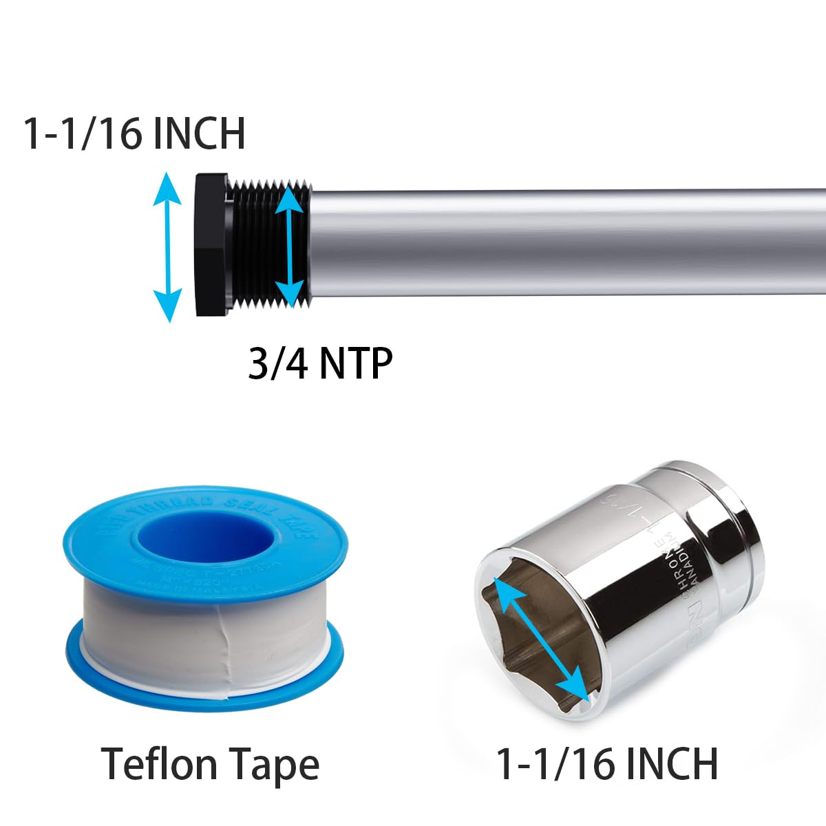 Eau anode rod kit with socket and tape ready for straightforward water heater maintenance.