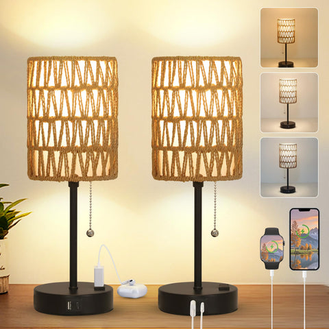 Eayaya rattan bedside lamp set with warm, natural lighting for nightstands.