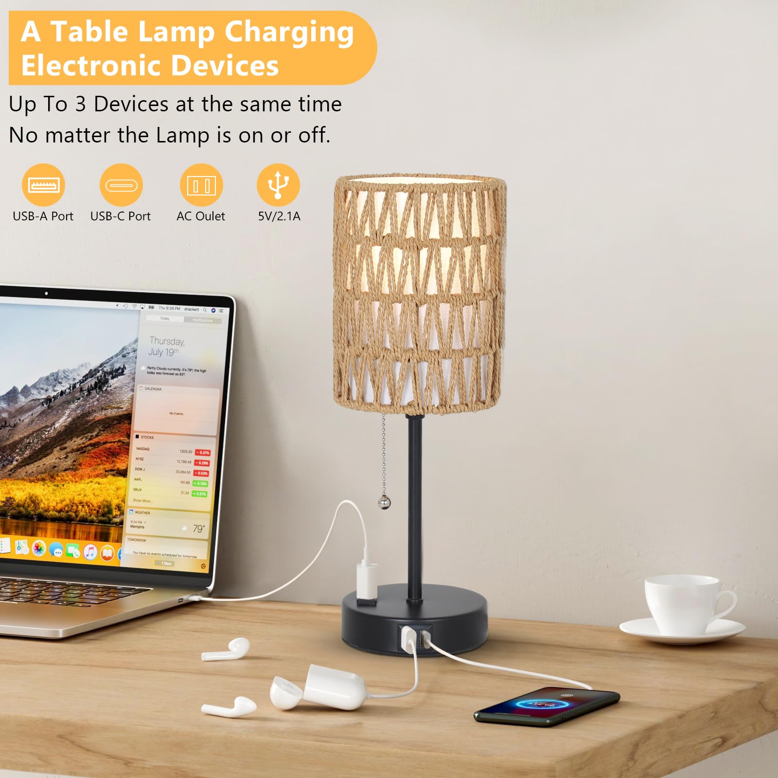 Lamps with USB-C, USB-A, and AC outlet.