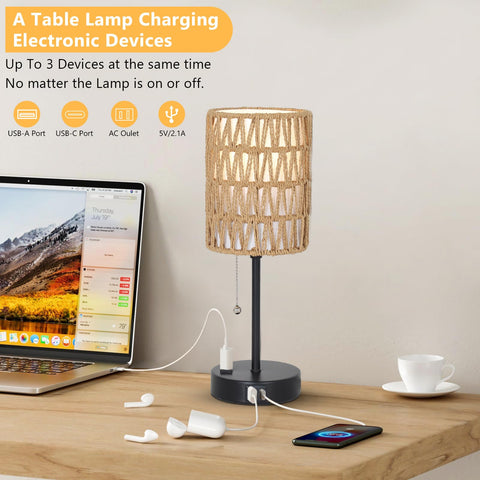 Lamps with USB-C, USB-A, and AC outlet.
