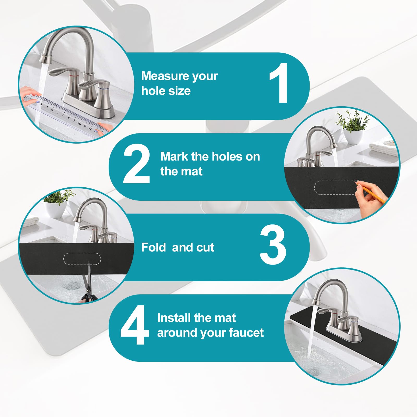 EazziSwitch faucet mat highlights 2-3-hole compatibility for versatile installations.