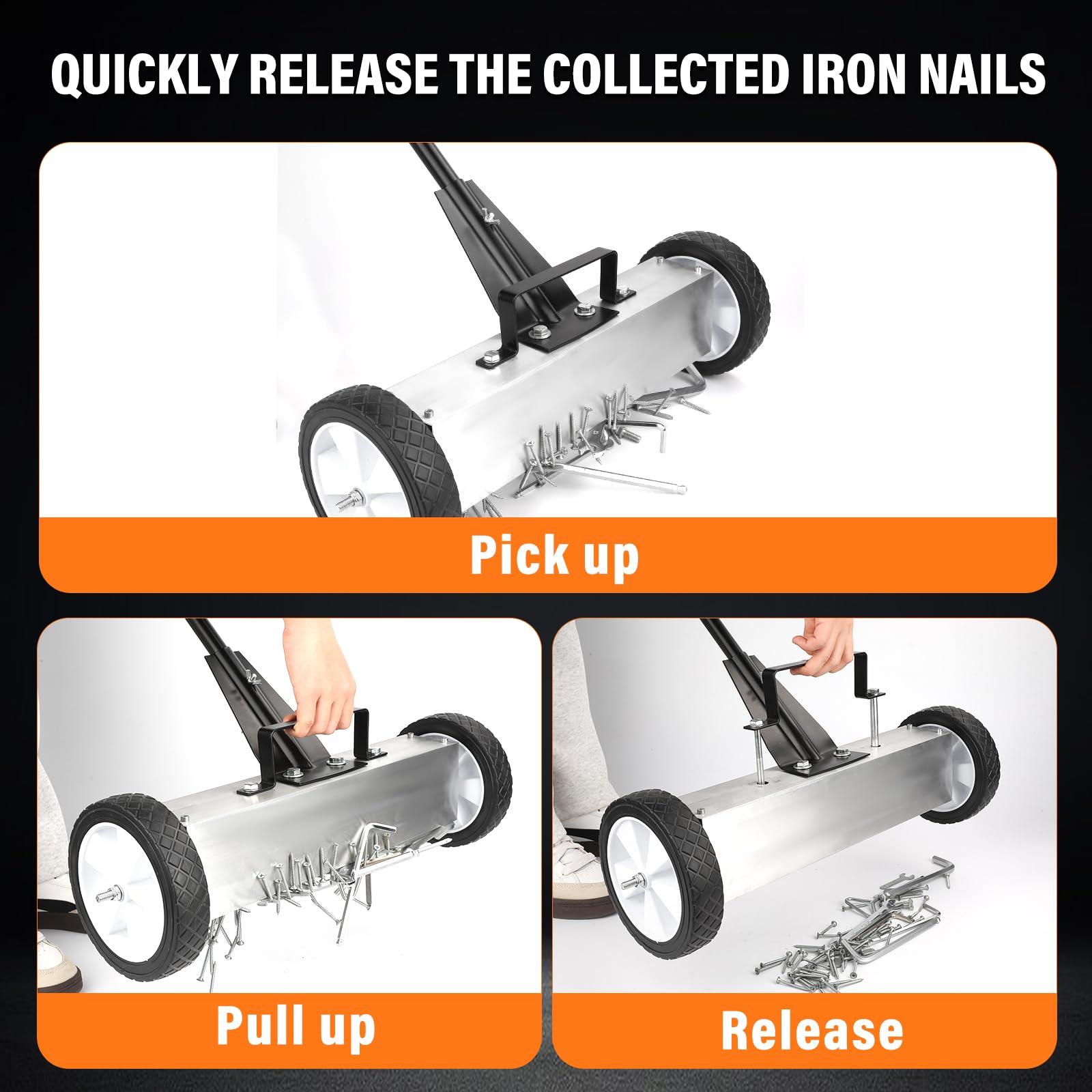 E BAVITE nail magnet sweeper release latch in action for quick debris release.