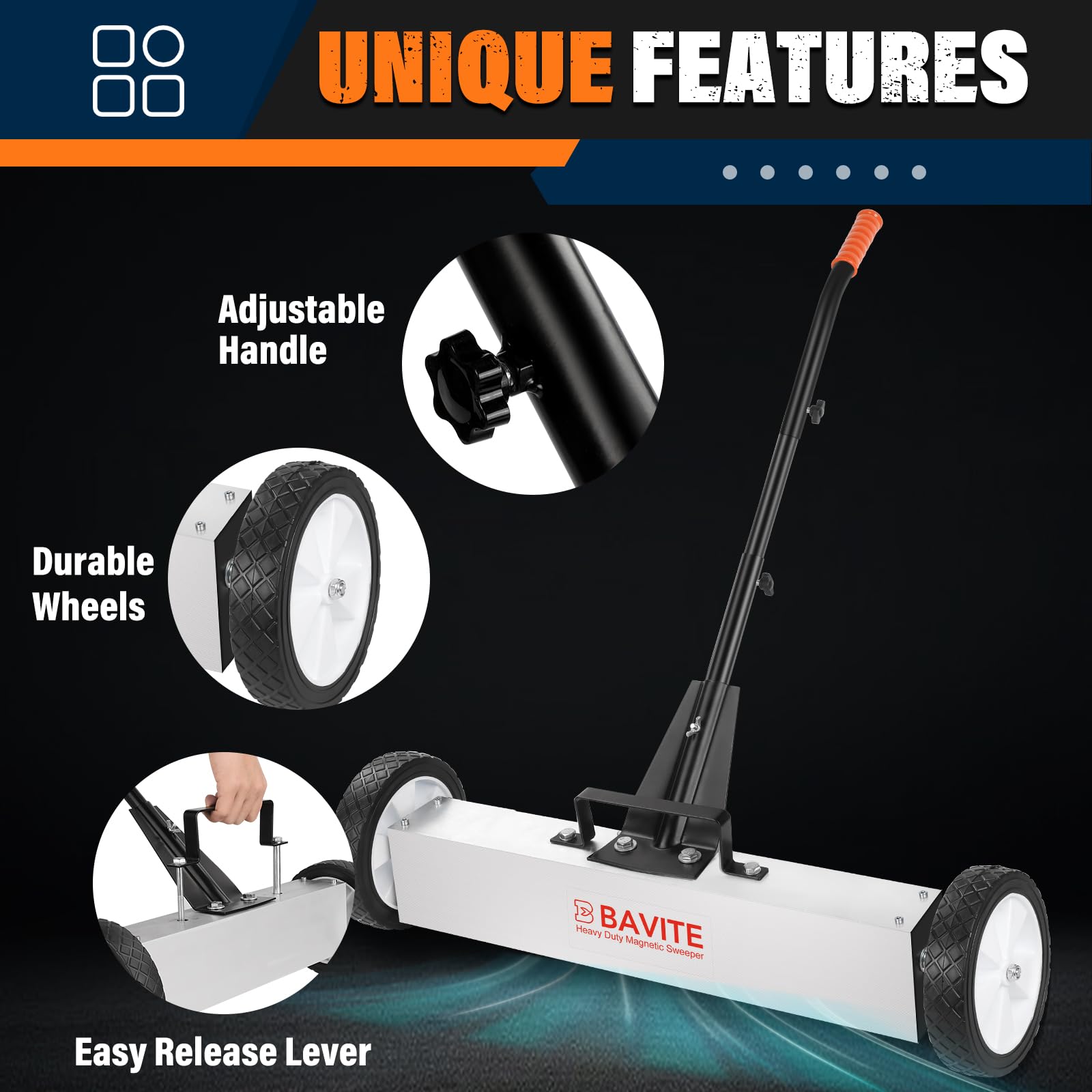 E BAVITE nail magnet sweeper upgraded-wheels roll smoothly on uneven terrain.