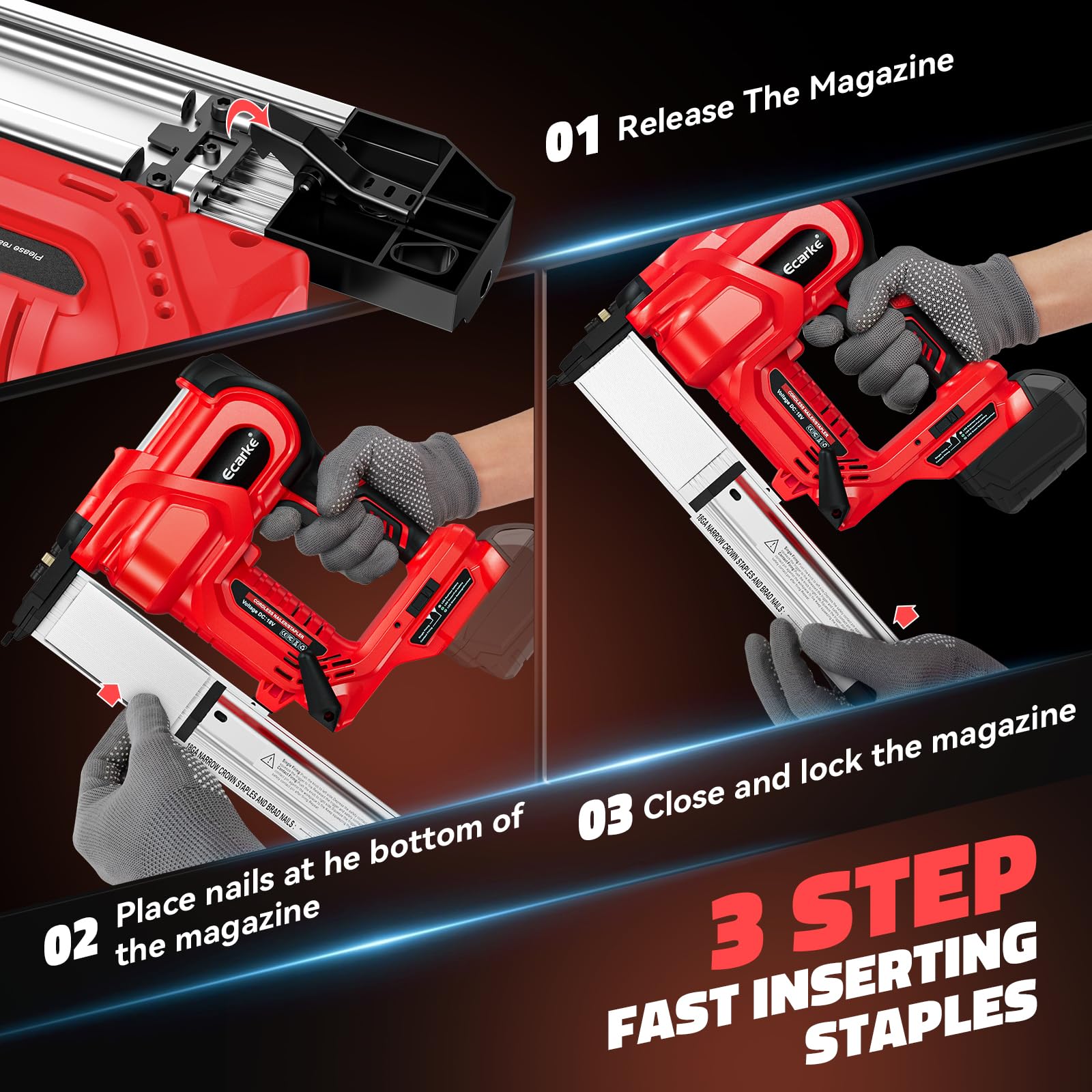Ecarke 100-nail magazine supports large projects with fewer reloads.