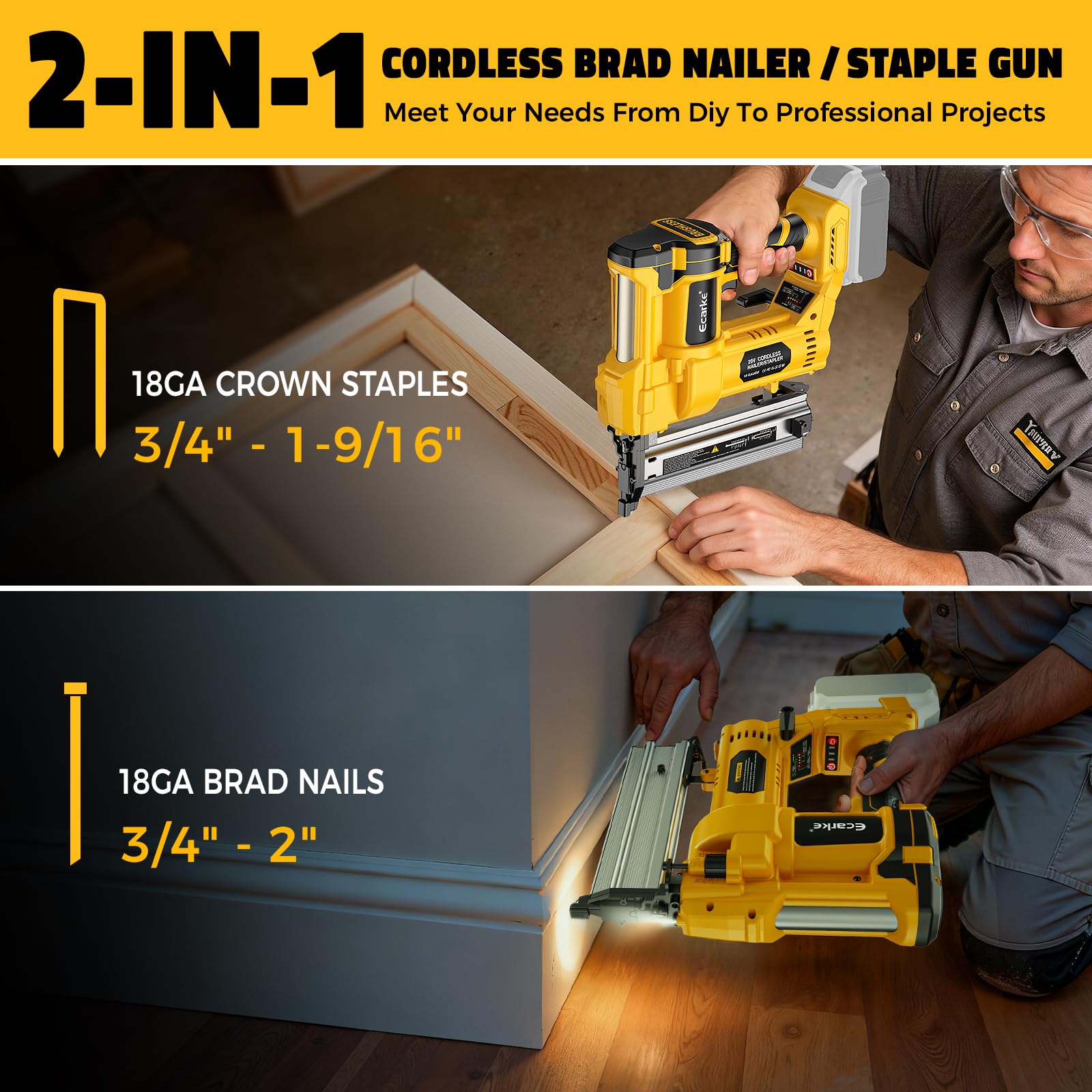 Ecarke 2-in-1 nail gun and stapler in action for versatile fastening tasks.