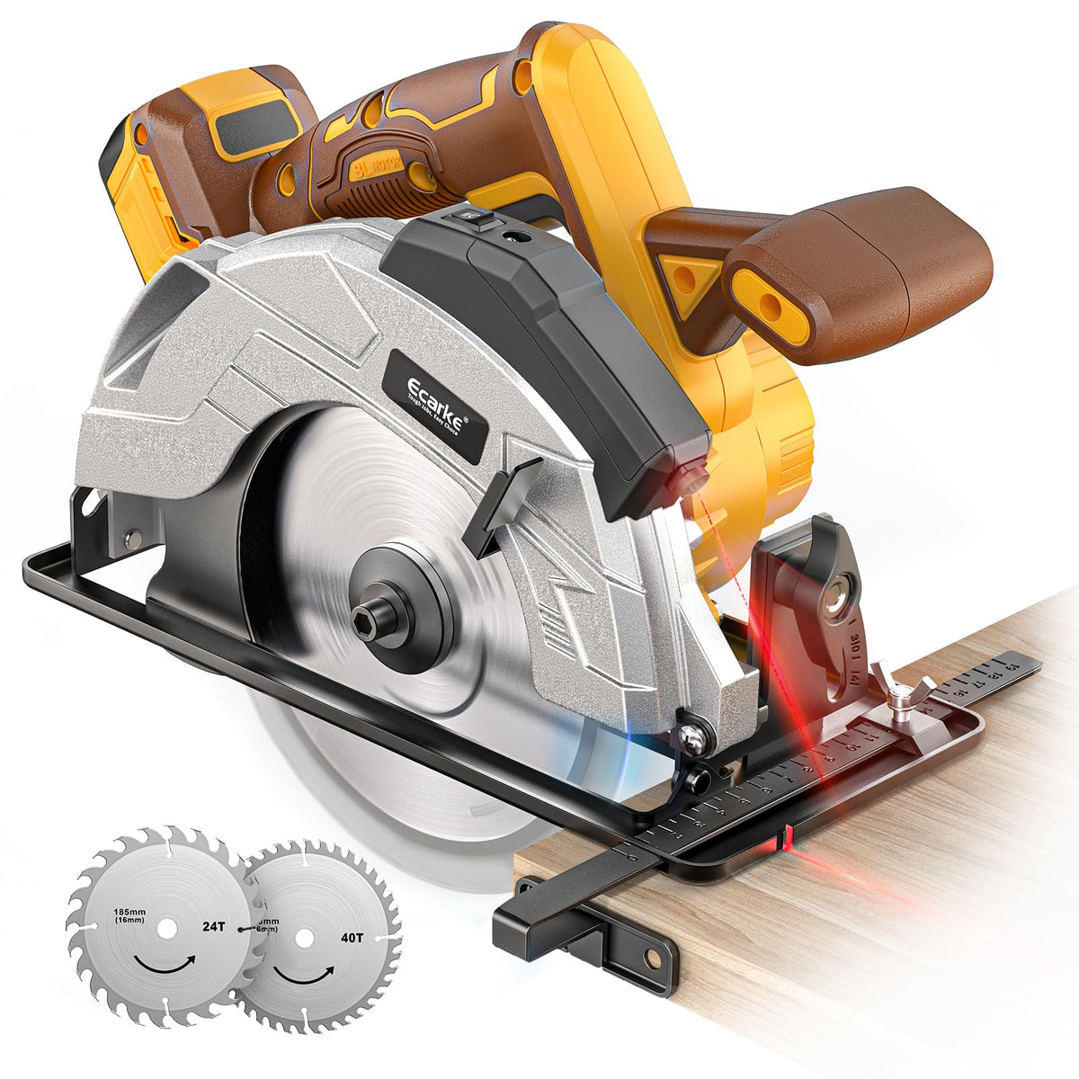 Ecarke cordless circular saw front view showing portable power for on-site cuts.