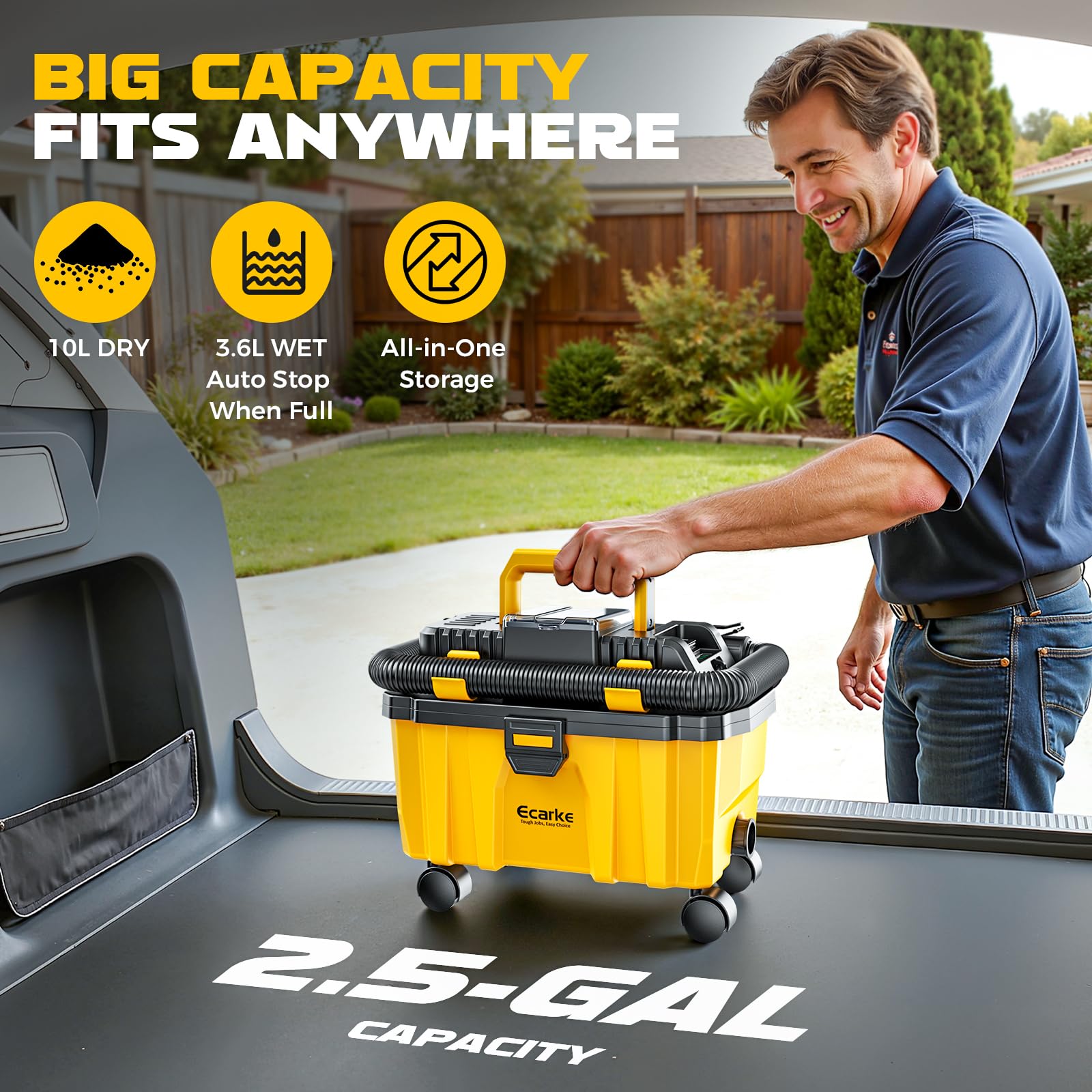 Ecarke attachment kit with strap and wheels for versatile cleaning.