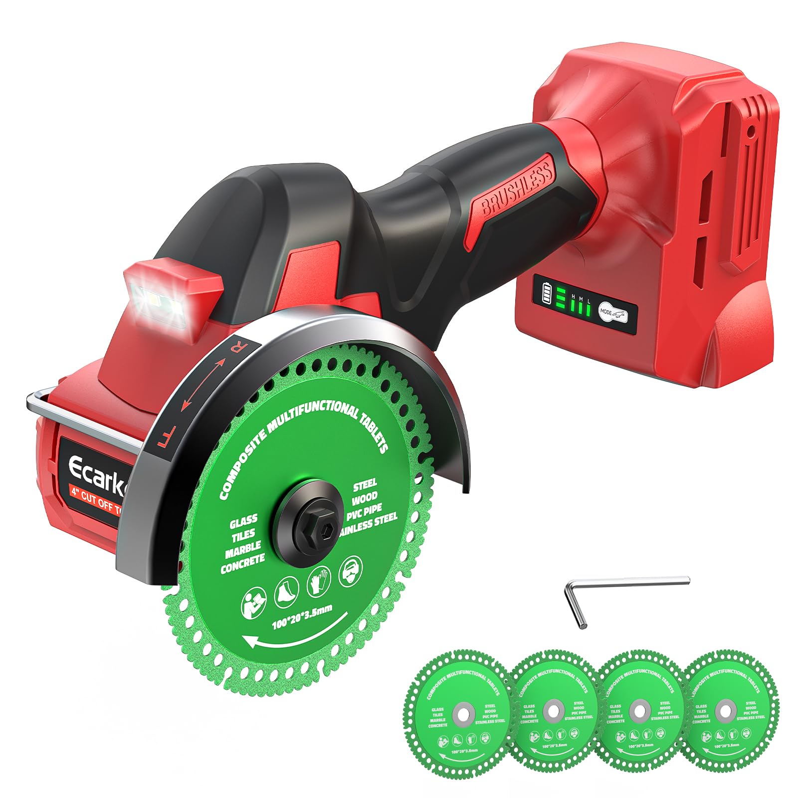 Ecarke cordless cut-off tool showing Milwaukee 18V compatibility for cordless flexibility.