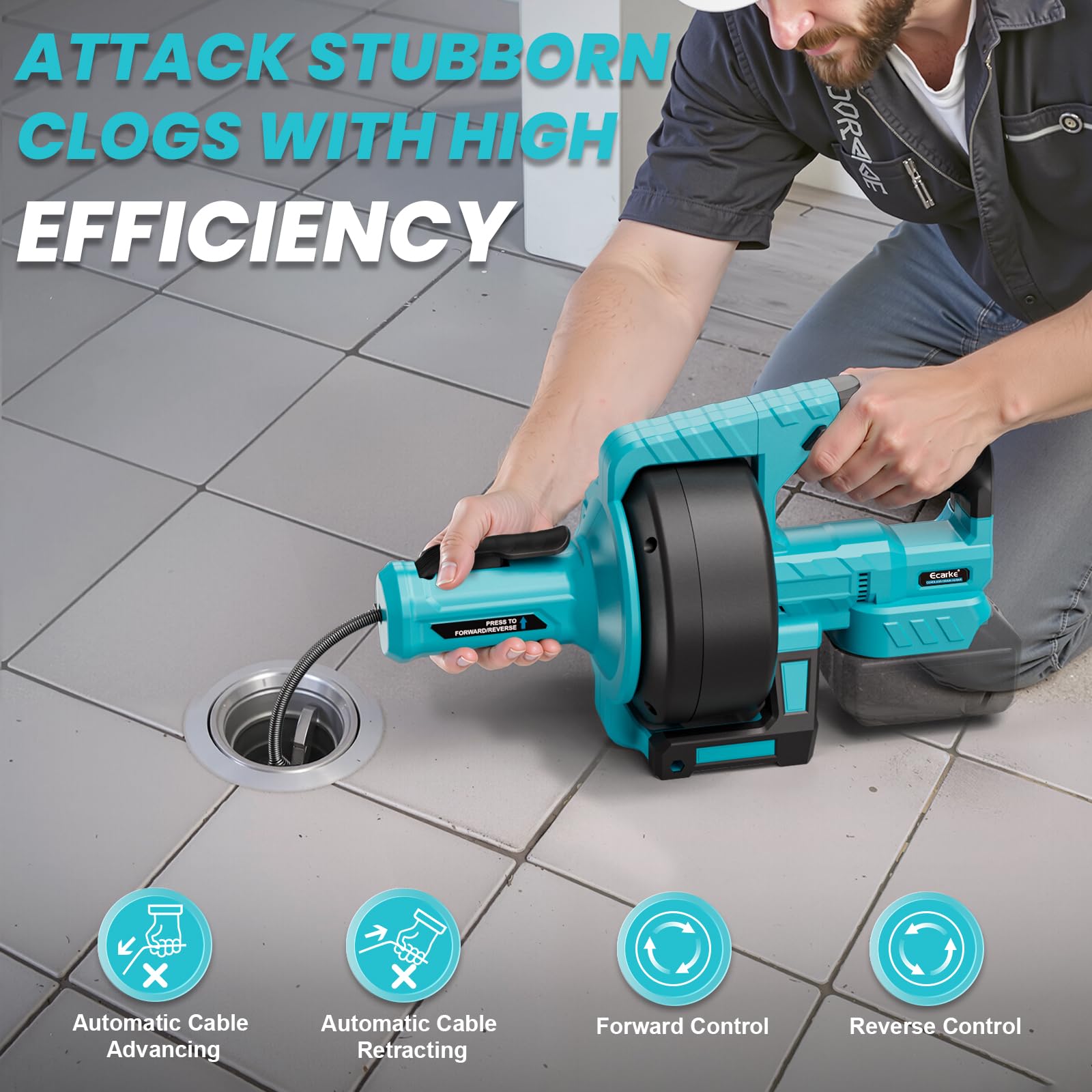 Ecarke cordless drain auger Makita 18V compatibility detail