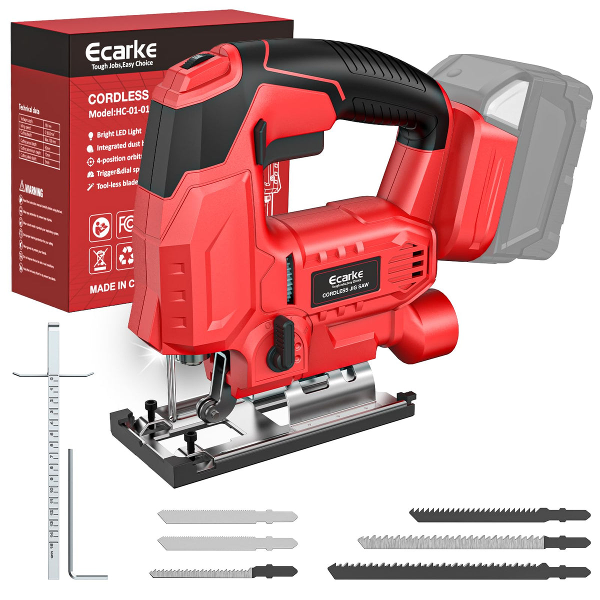 Ecarke cordless jig saw with Milwaukee 18V compatibility for flexible power options.