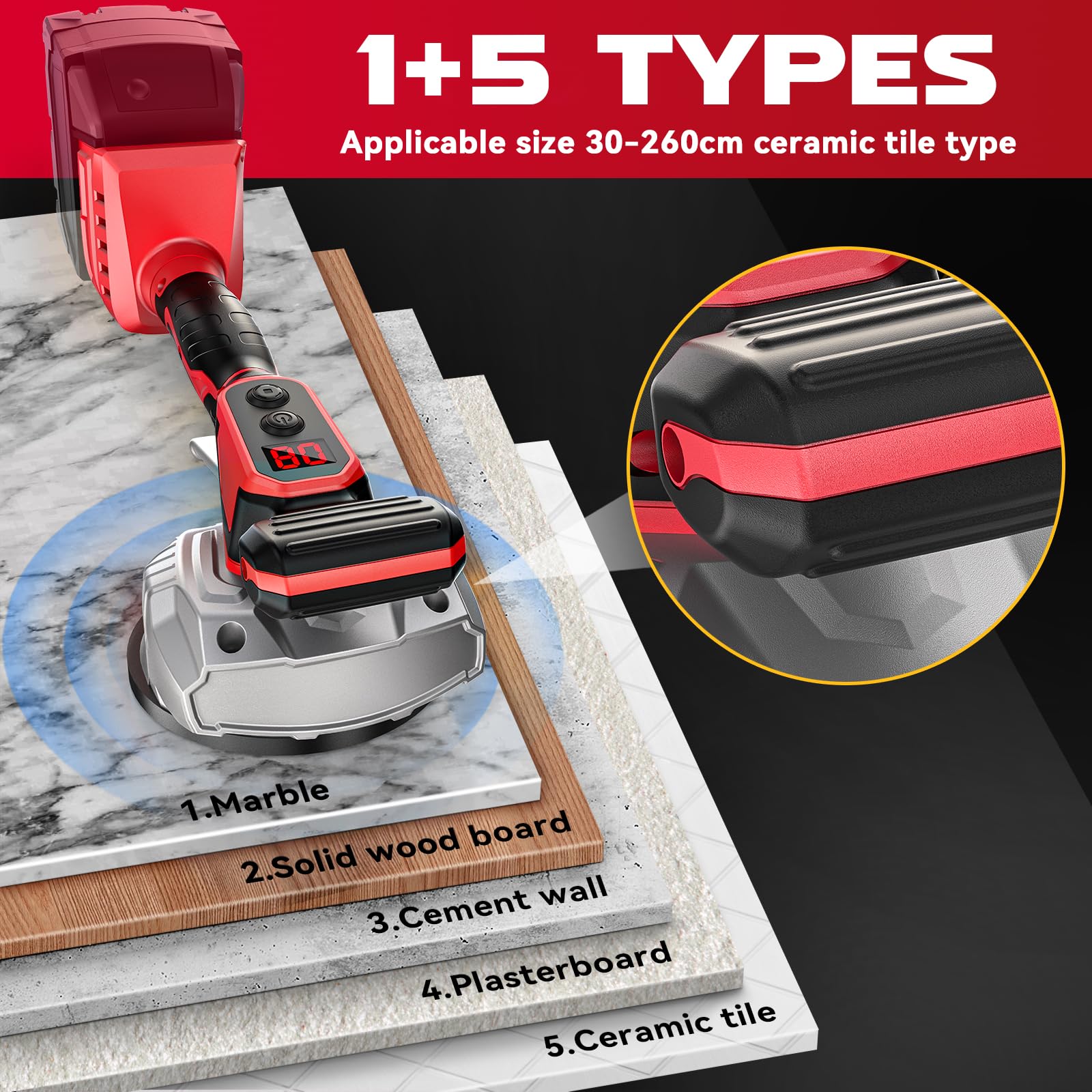 Ecarke cordless tile vibration leveling machine suction cup stabilizes placement during work.