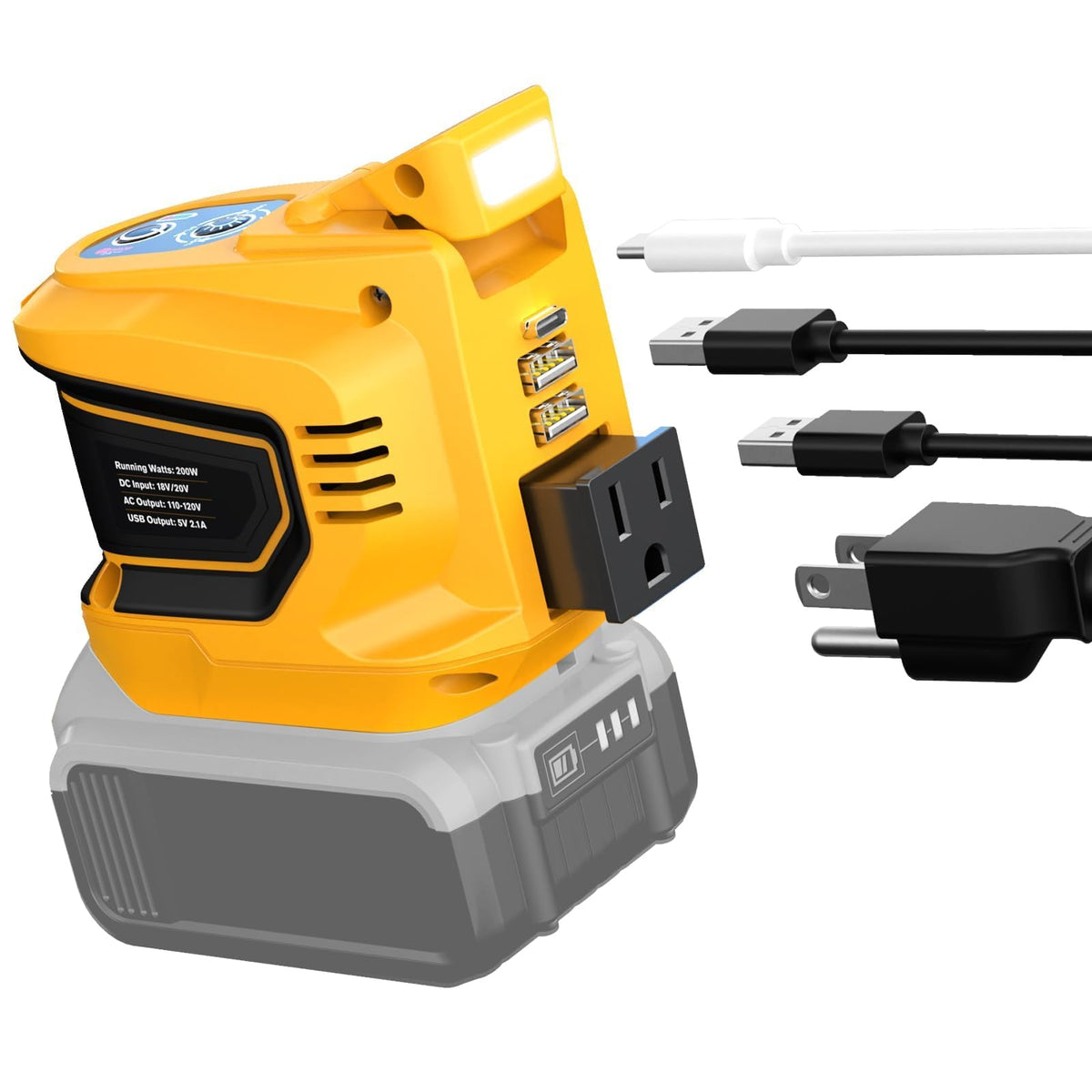 Ecarke DeWALT 20V inverter front view for on-site charging