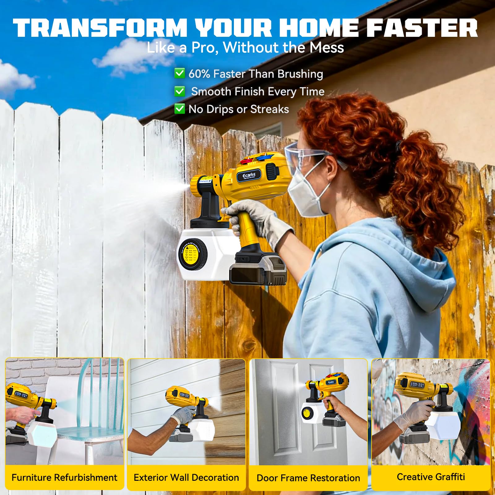 Ecarke cordless spray works with DeWalt 20V batteries, not included.