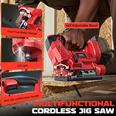 Ecarke jig saw removable anti-slip base protects surfaces during operation.