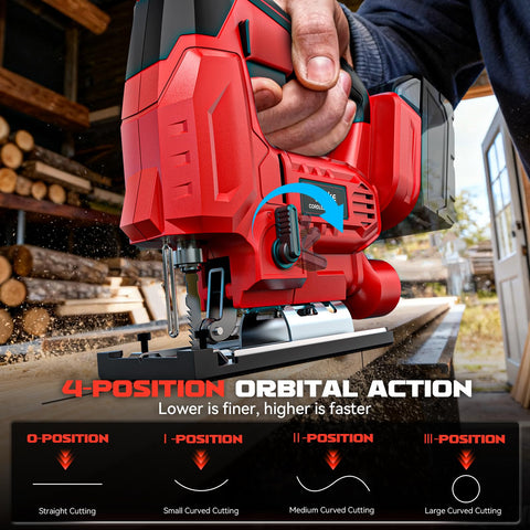 Ecarke jig saw with LED light and guide ruler improves accuracy in dim spaces.