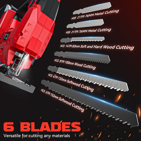 Ecarke jig saw includes 4 wood and 2 metal blades for versatile cutting.