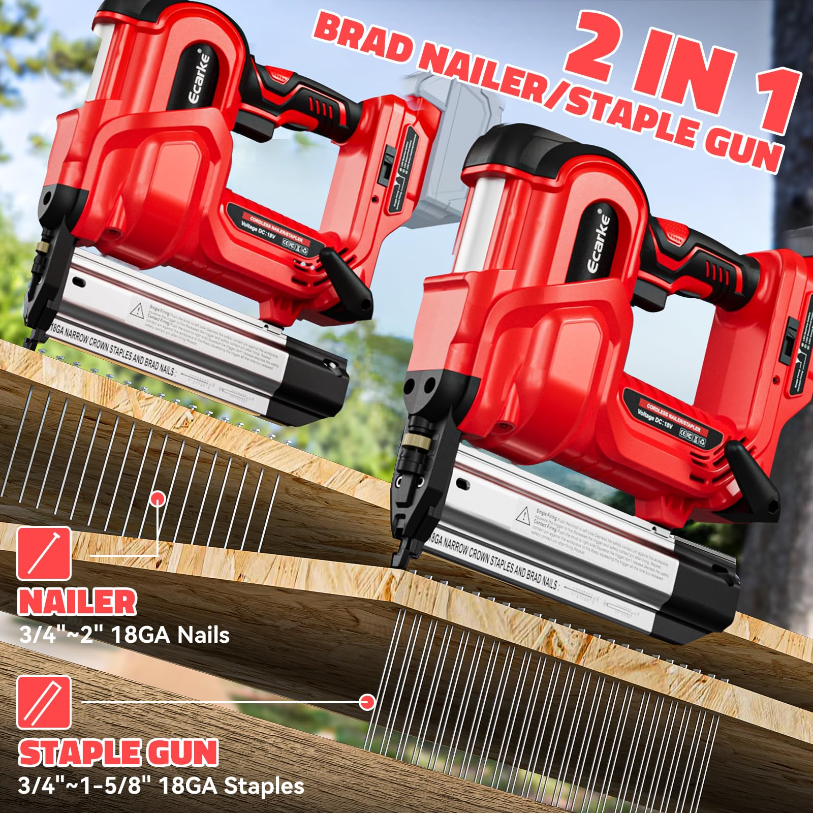 Ecarke nail gun with Milwaukee battery compatibility for cordless convenience.