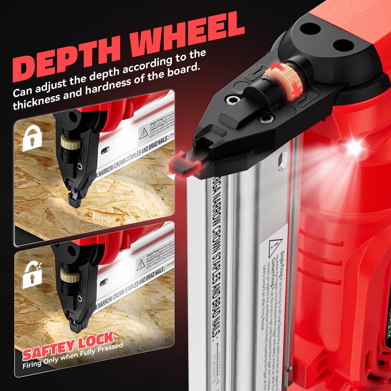 Ecarke nail gun precision depth adjustment aids controlled driving.