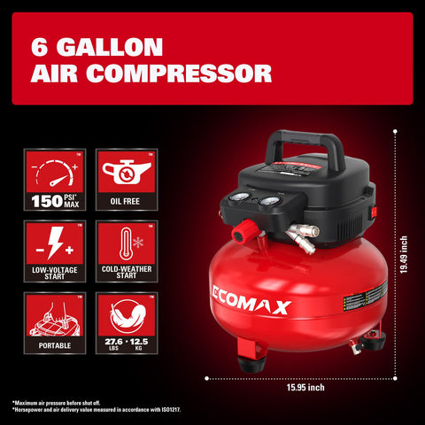 ECOMAX 6-gallon air compressor dual gauges close-up for precise readings