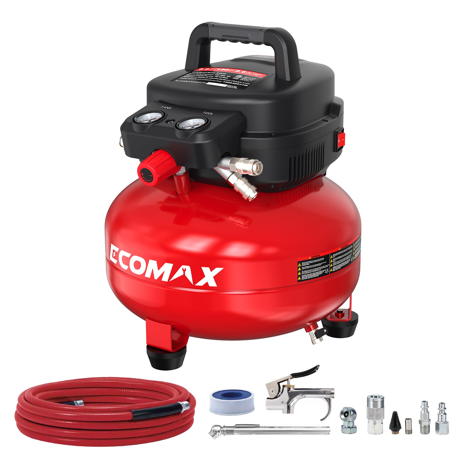 ECOMAX 6-gallon air compressor front view showing portable power for inflations and tools