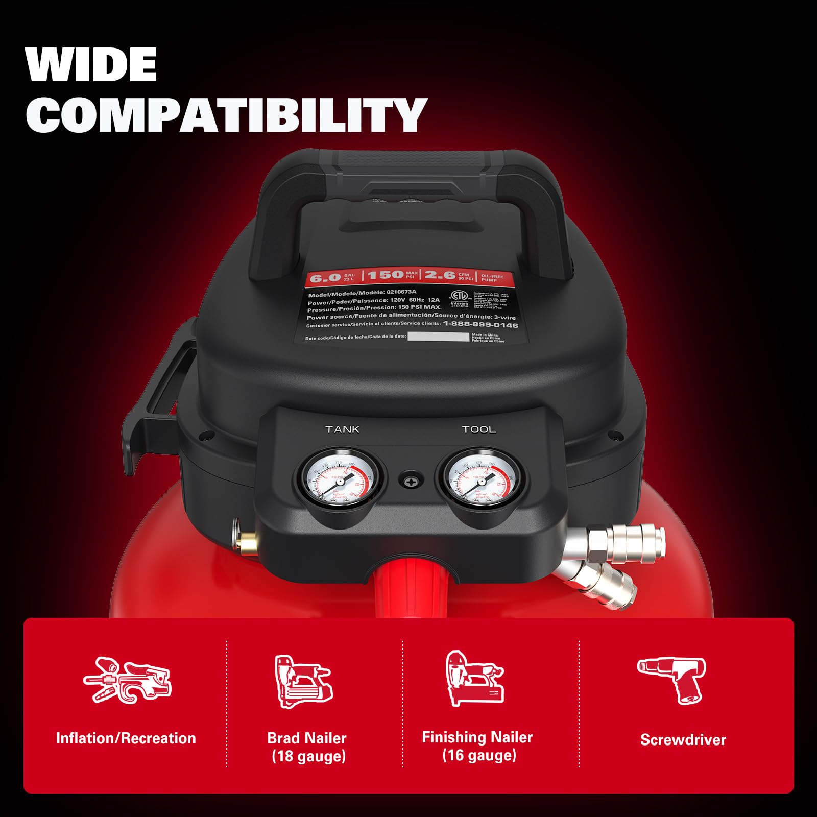 ECOMAX 6-gallon air compressor portable handle ready for transport