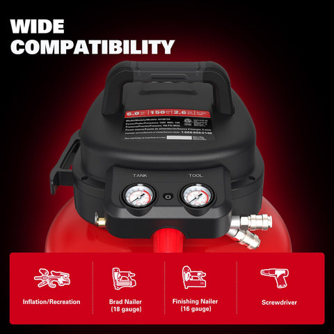ECOMAX 6-gallon air compressor portable handle ready for transport
