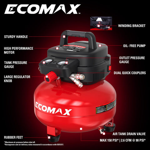 ECOMAX 6-gallon air compressor side view illustrating compact pancake design