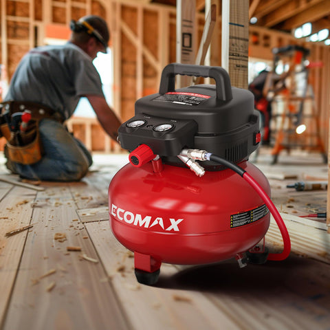 ECOMAX 6-gallon air compressor tire gauge included for on-the-go inflation
