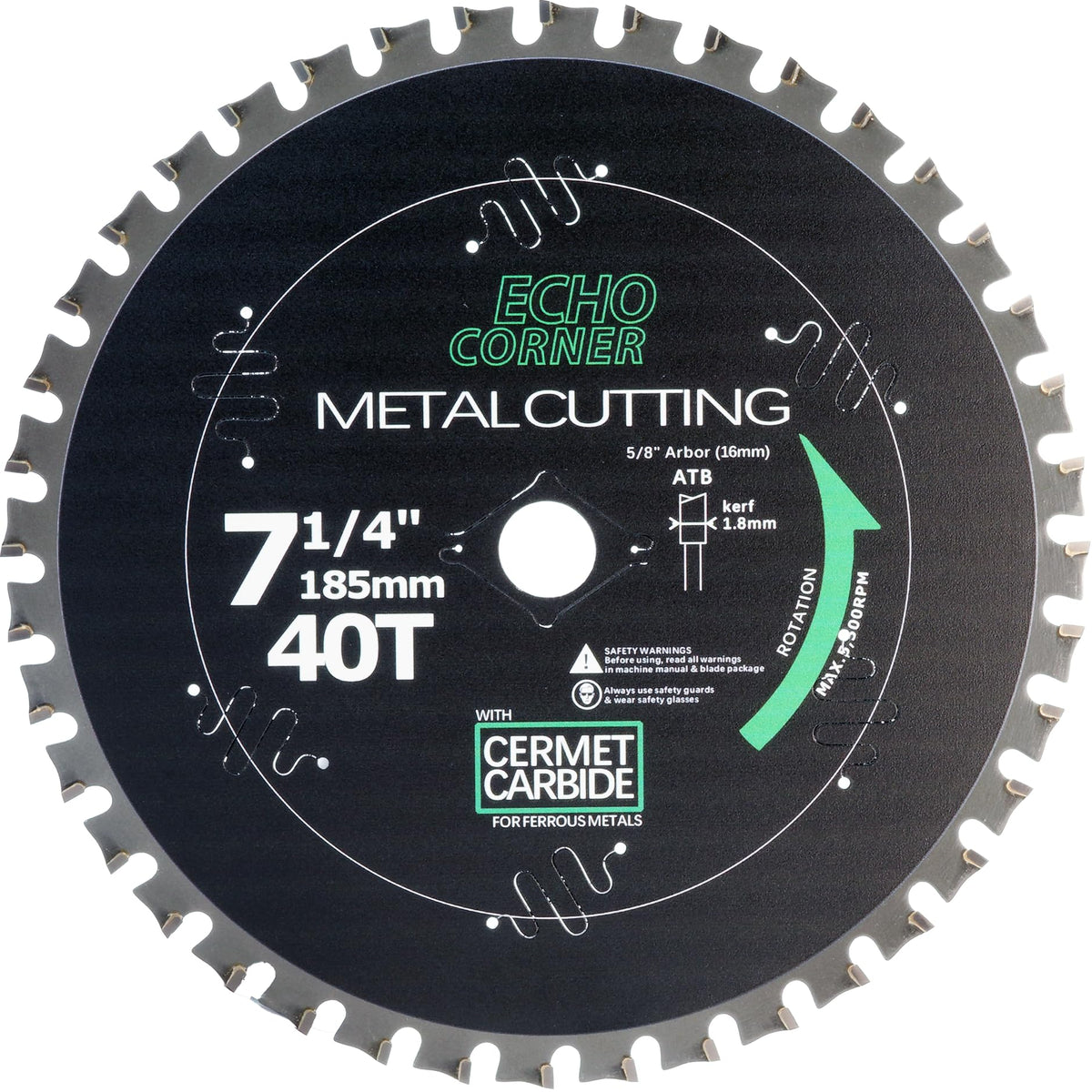 Echo Corner 7-1/4-inch metal-cutting blade with cermet carbide for tough ferrous metals.
