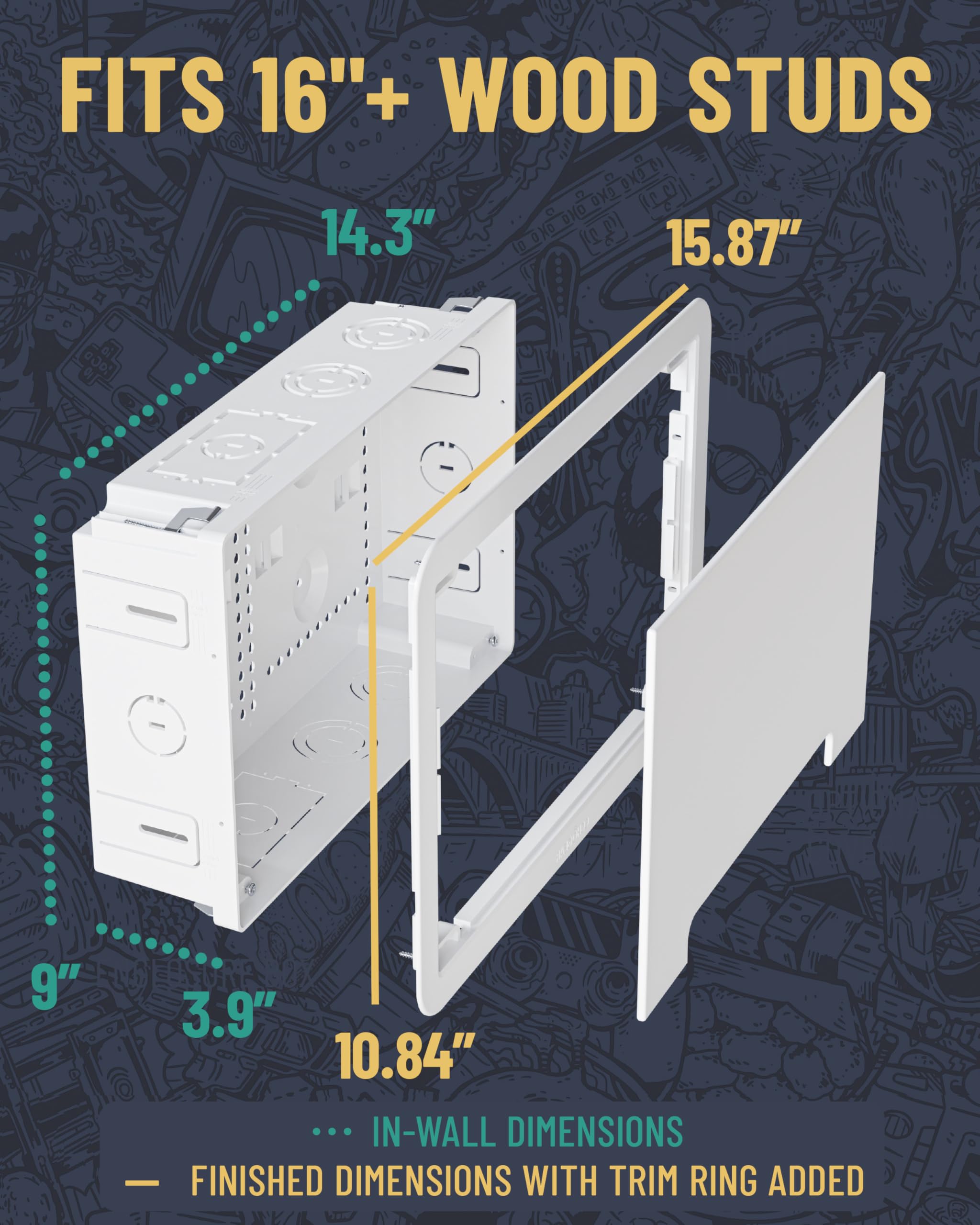 ECHOGEAR 9in-wall media box open-face reveals internal space for gear.