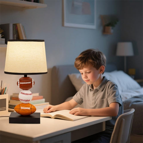 Lamp on in a cozy child room with warm glow.